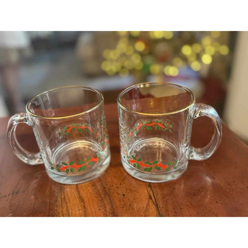 Set Of 2 Vintage Libbey Holly Berry Gold Rimmed Clear Mug‎ Christmas Holiday